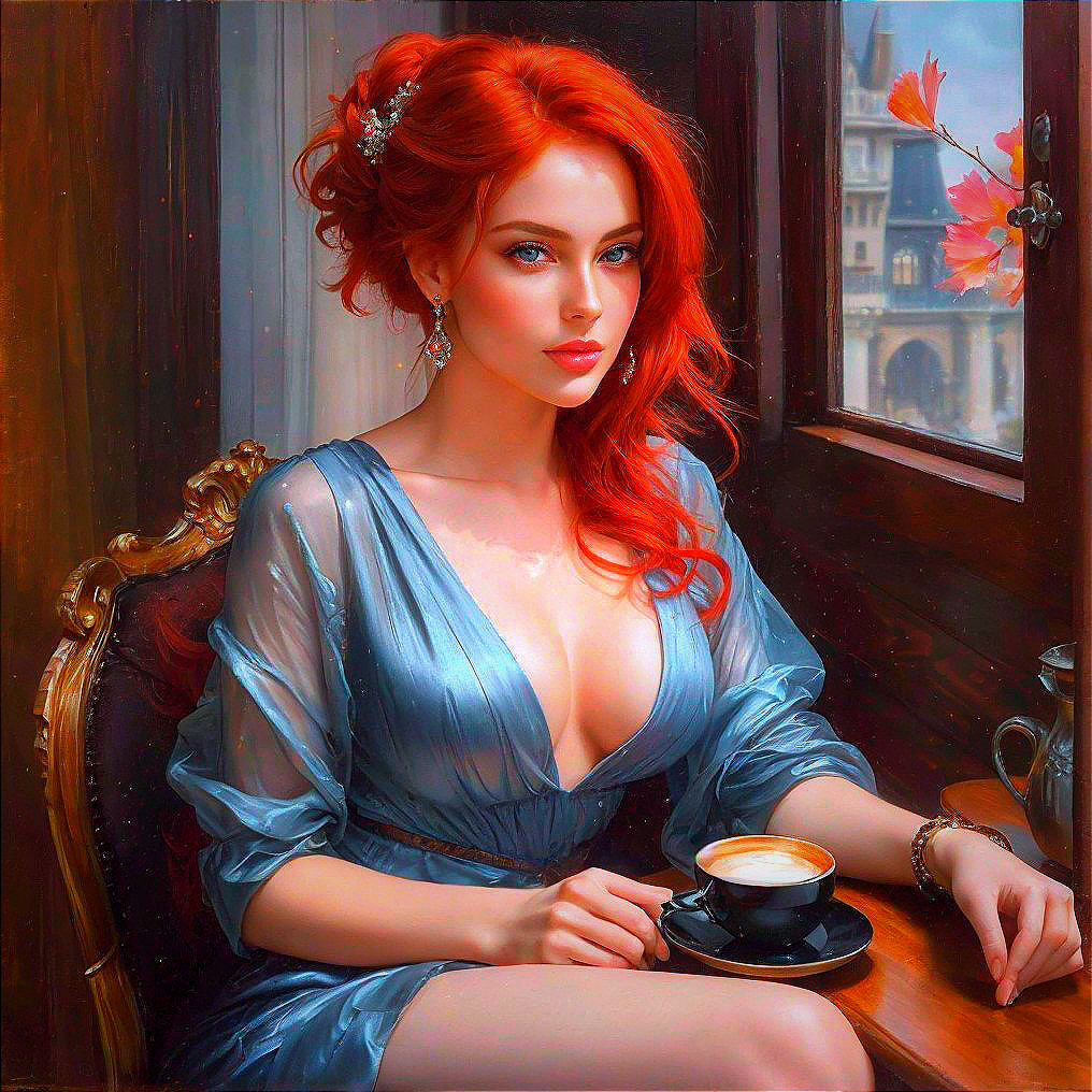 Red-haired woman in blue dress with coffee cup by window and fall leaves