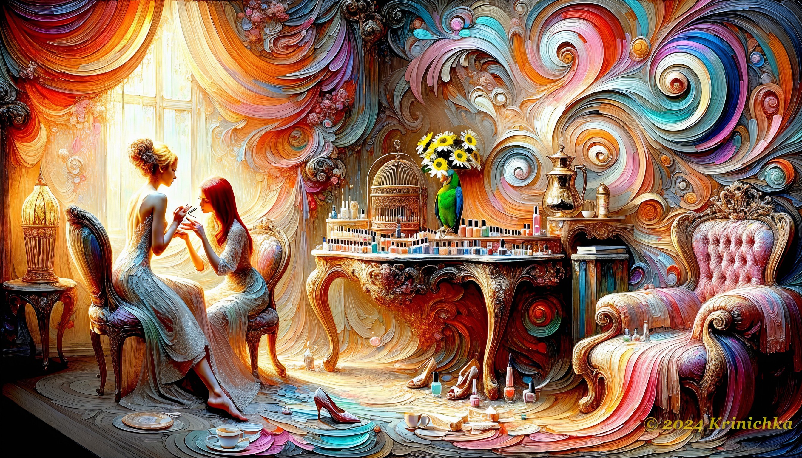 Intimate Nail Care Moment in a Colorful Room