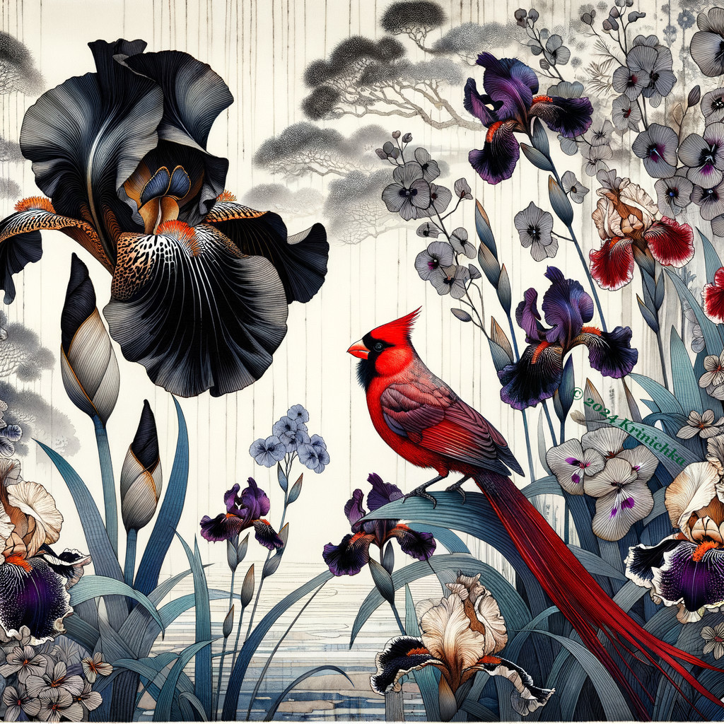 Cardinal in a Lush Garden of Irises and Flowers