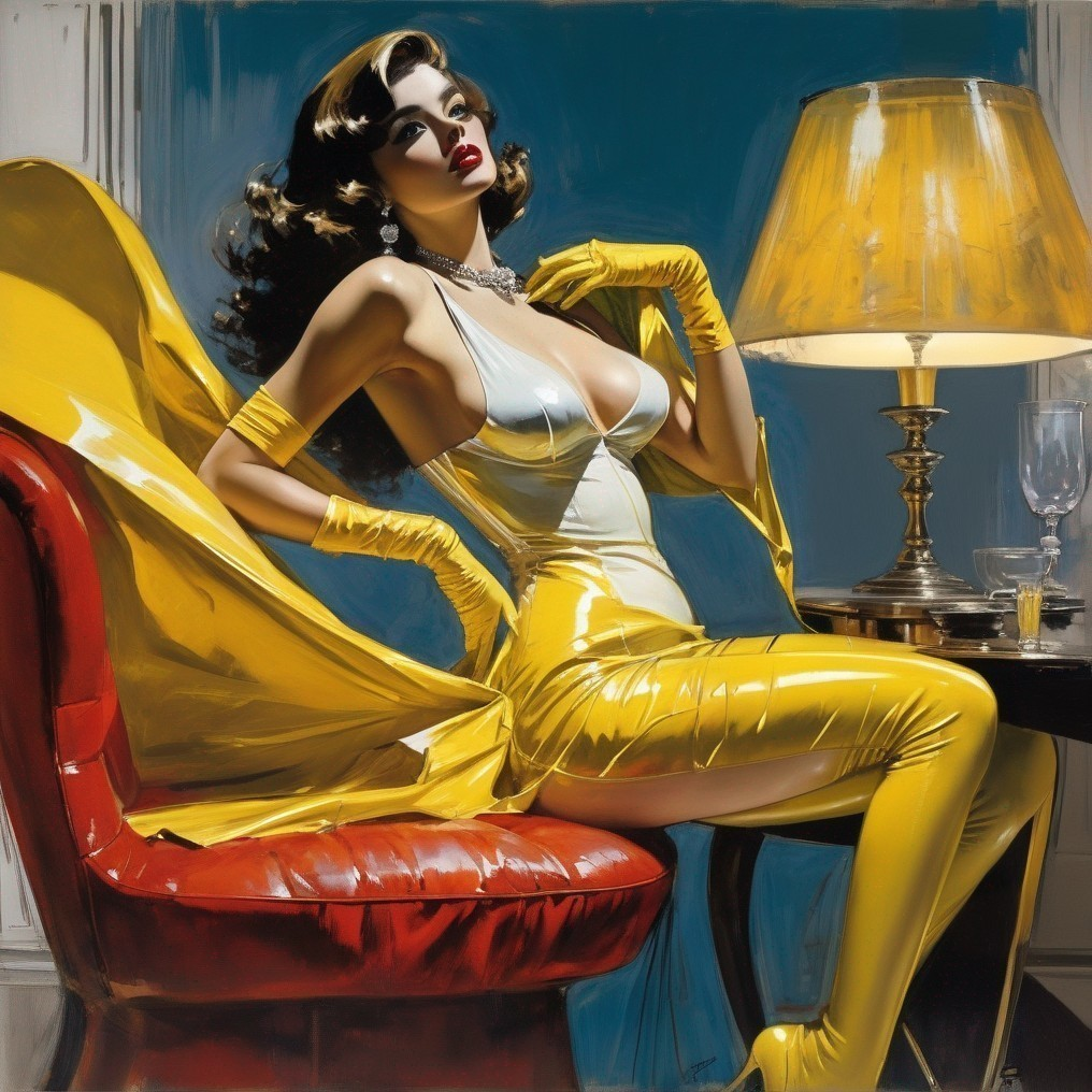 Glamorous Woman in Yellow Outfit on Velvet Chair