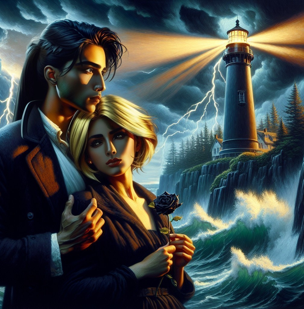 Emotional Embrace by the Stormy Sea and Lighthouse