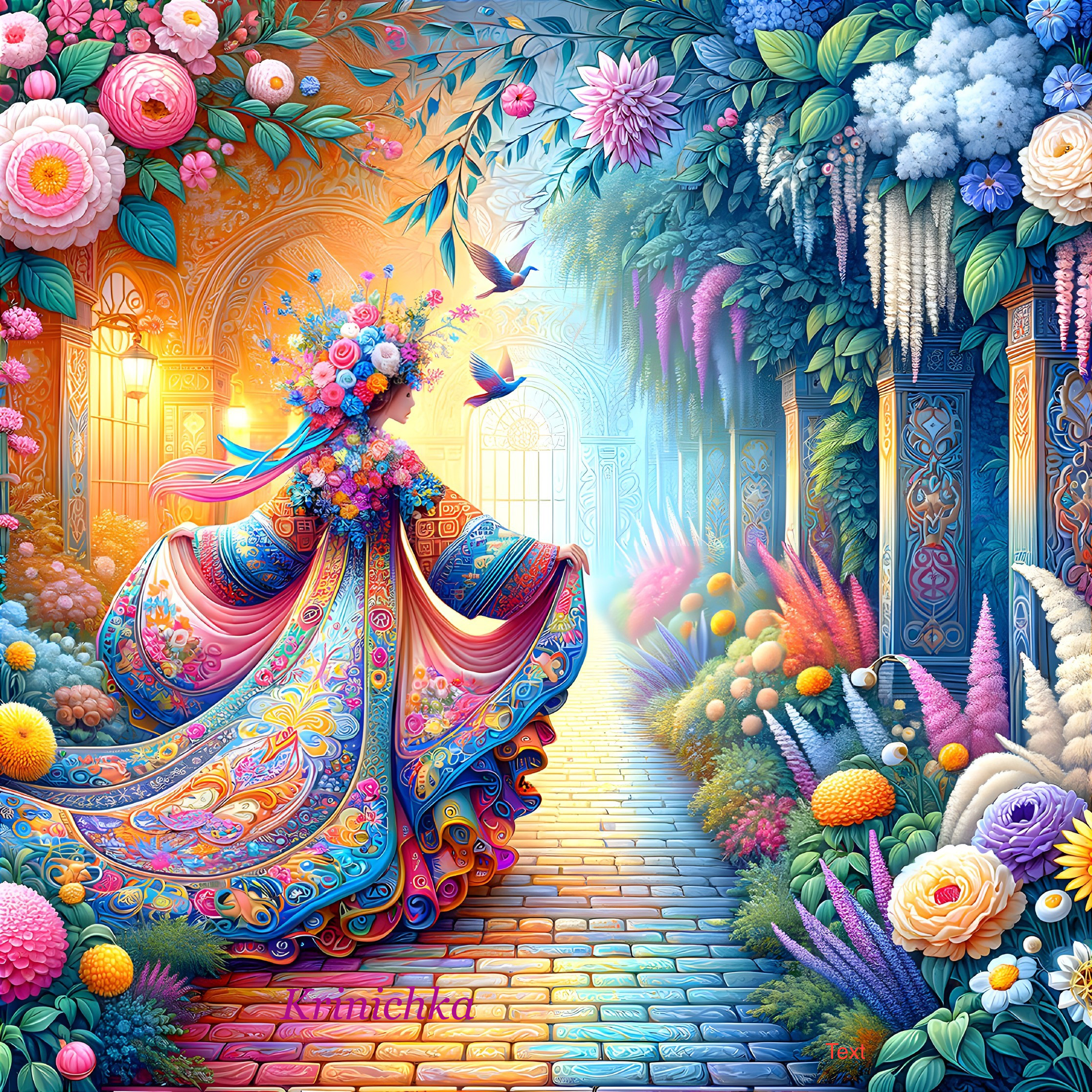 Colorful garden scene with floral path and sunlit archway