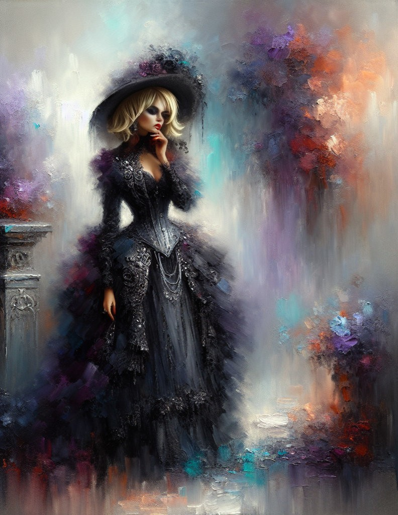 Mysterious Woman in Elegant Black Gown and Hat