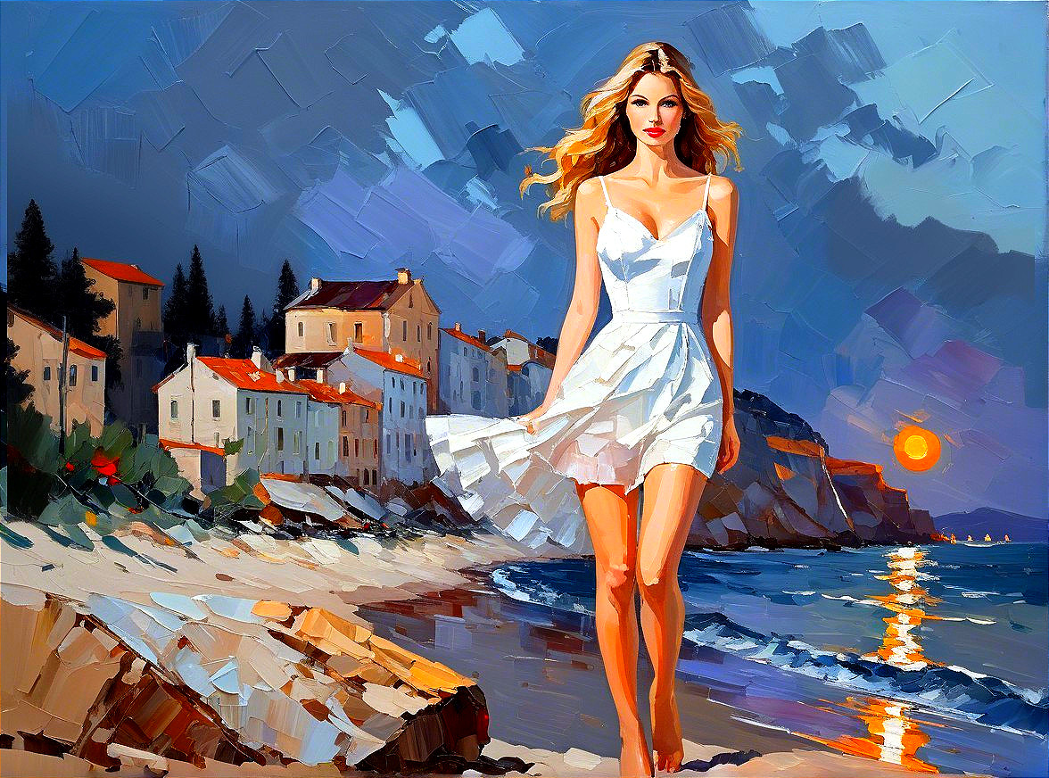 Young Woman in White Dress at Sunset Beach Scene