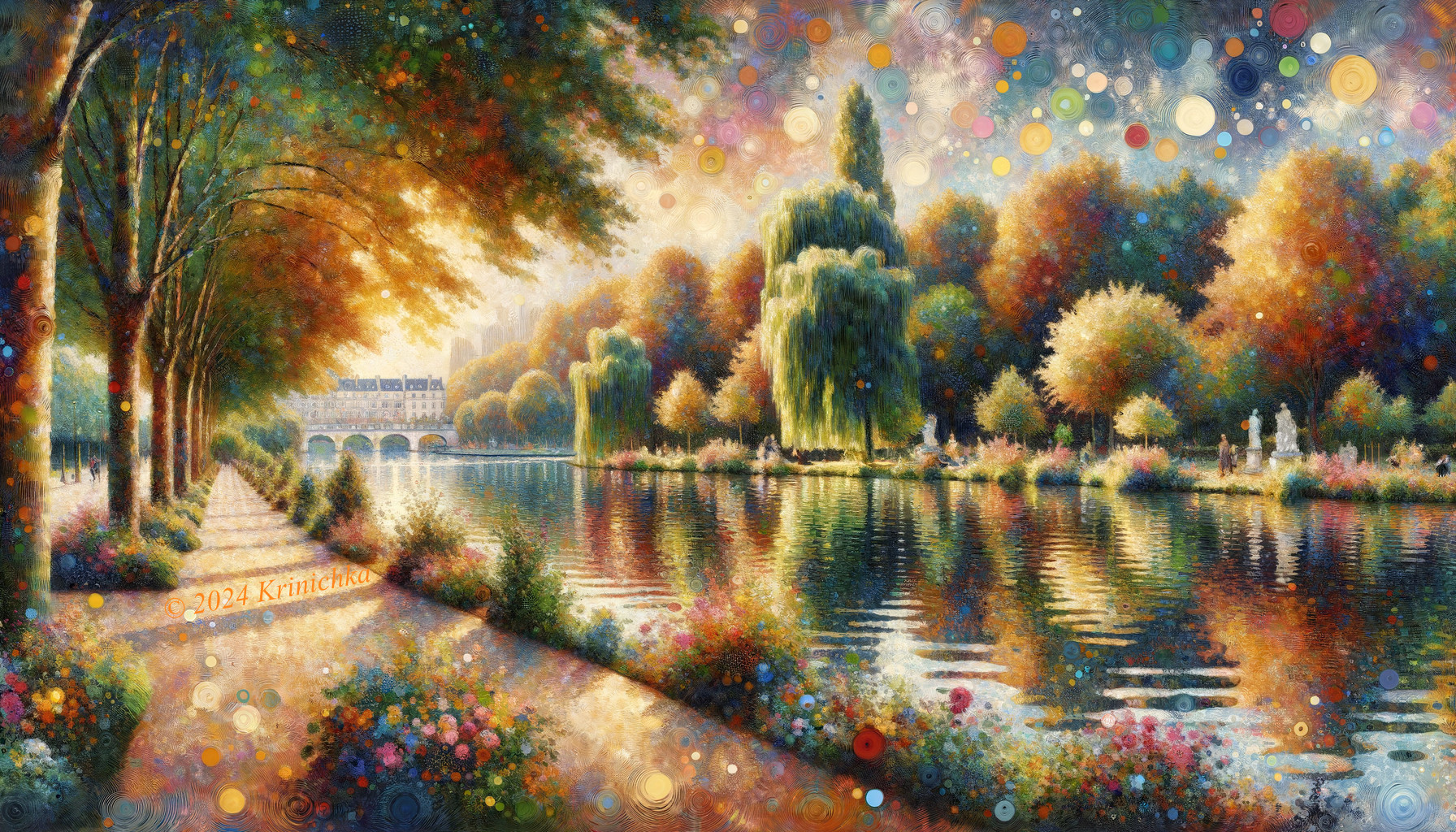 Tranquil River Landscape with Sunset and Statues