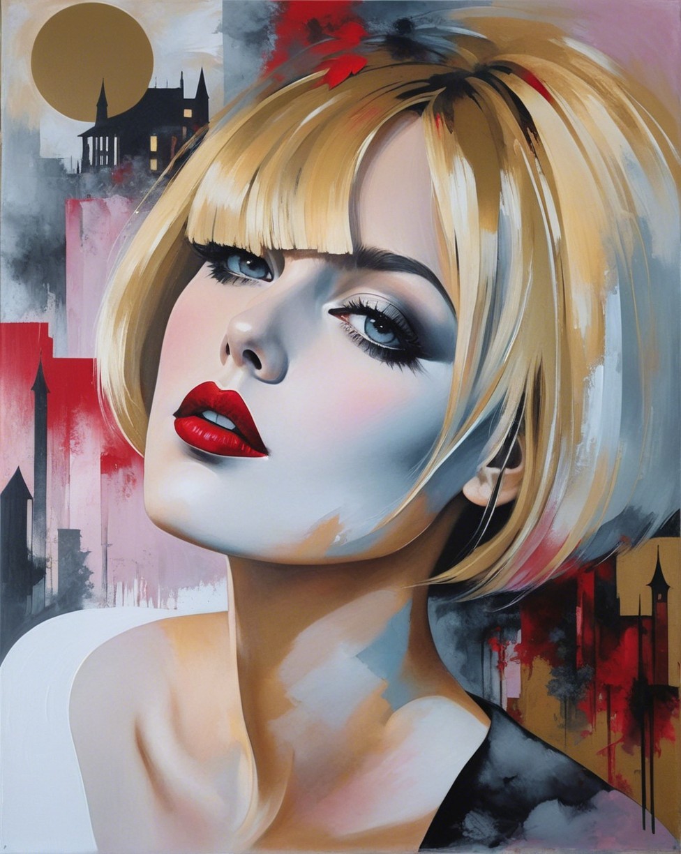 Portrait of a Woman with Blonde Bob and Bold Red Lips