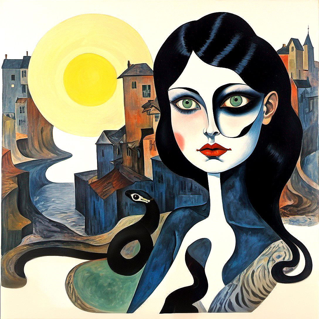 Stylized Woman in Surreal Landscape with Snake