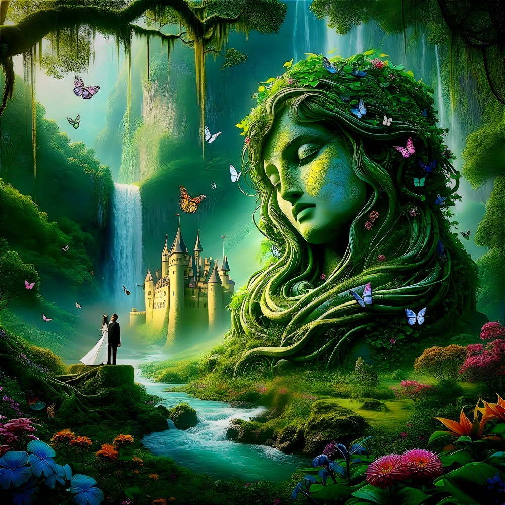 Fantasy art: Large green woman's face with foliage hair, butterflies, waterfall, castle, and