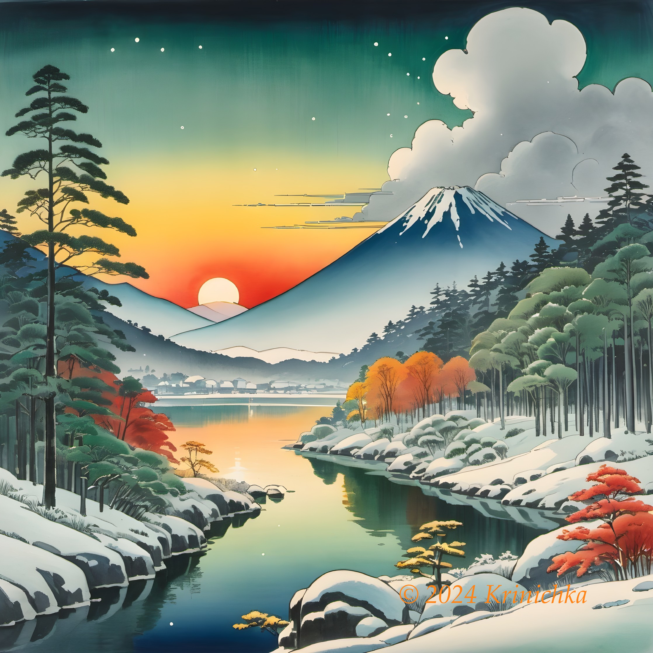 Snow-covered trees and serene lake at Mount Fuji sunset