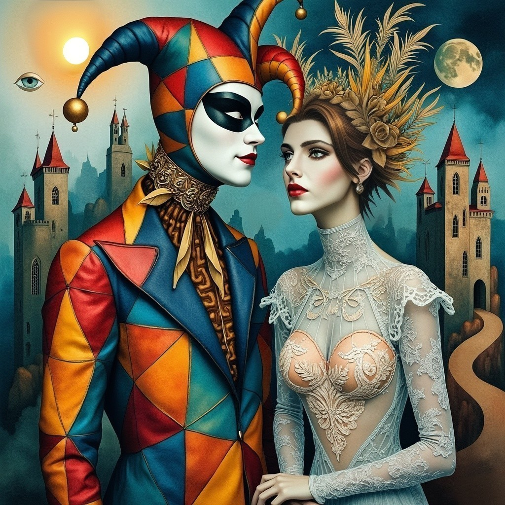 Surreal Scene with Jester and Elegant Woman in Twilight