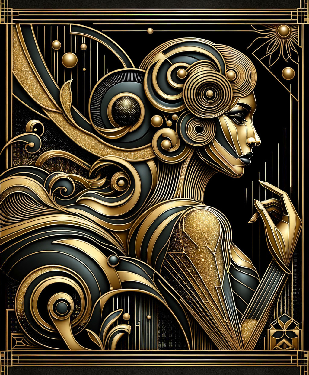 Art Deco Style Woman Illustration with Golden Hair on Black Background
