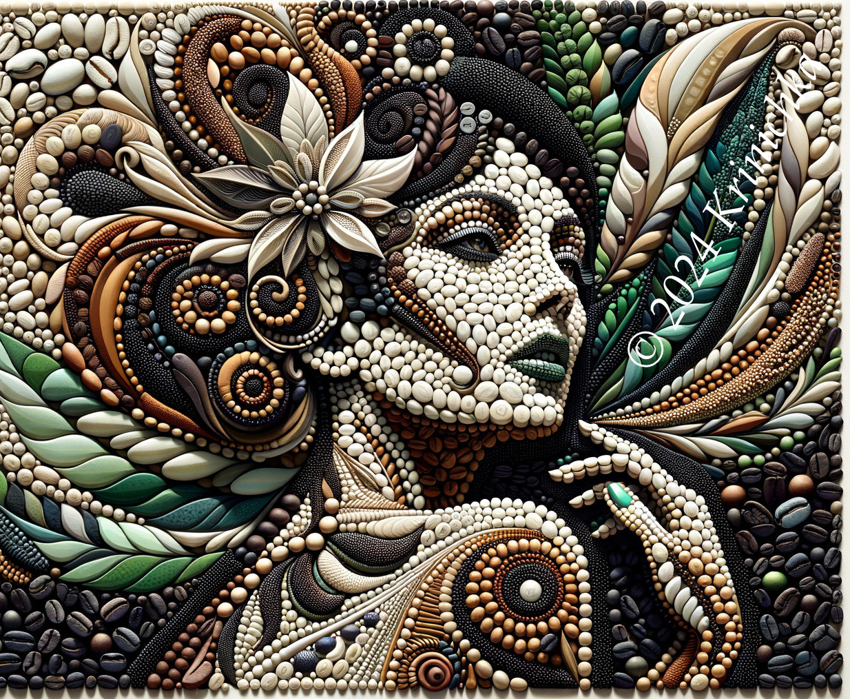 Mosaic Artwork of Woman's Face with Floral Patterns