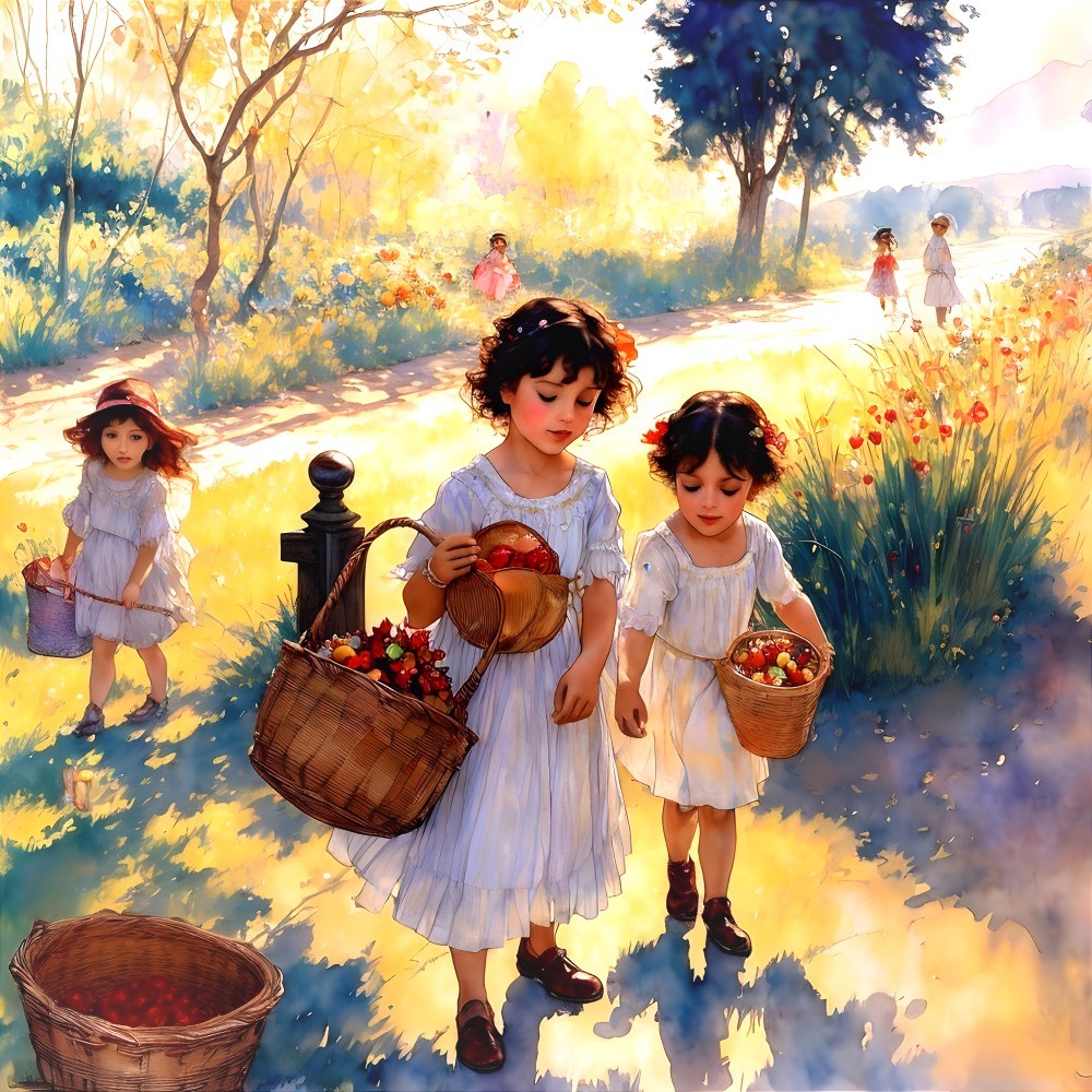 Children with fruit baskets on sunlit path amidst lush greenery