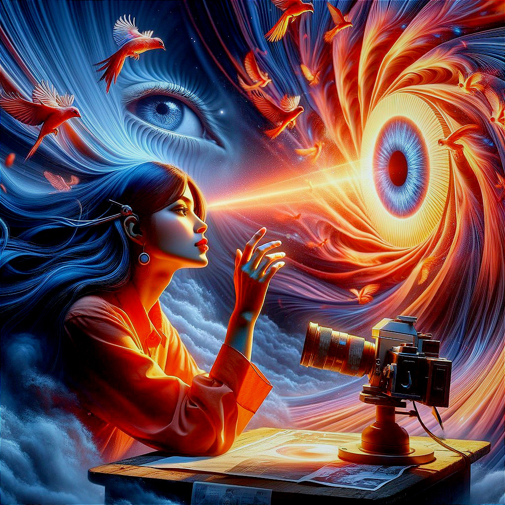 Surreal illustration of woman with camera in vibrant vortex