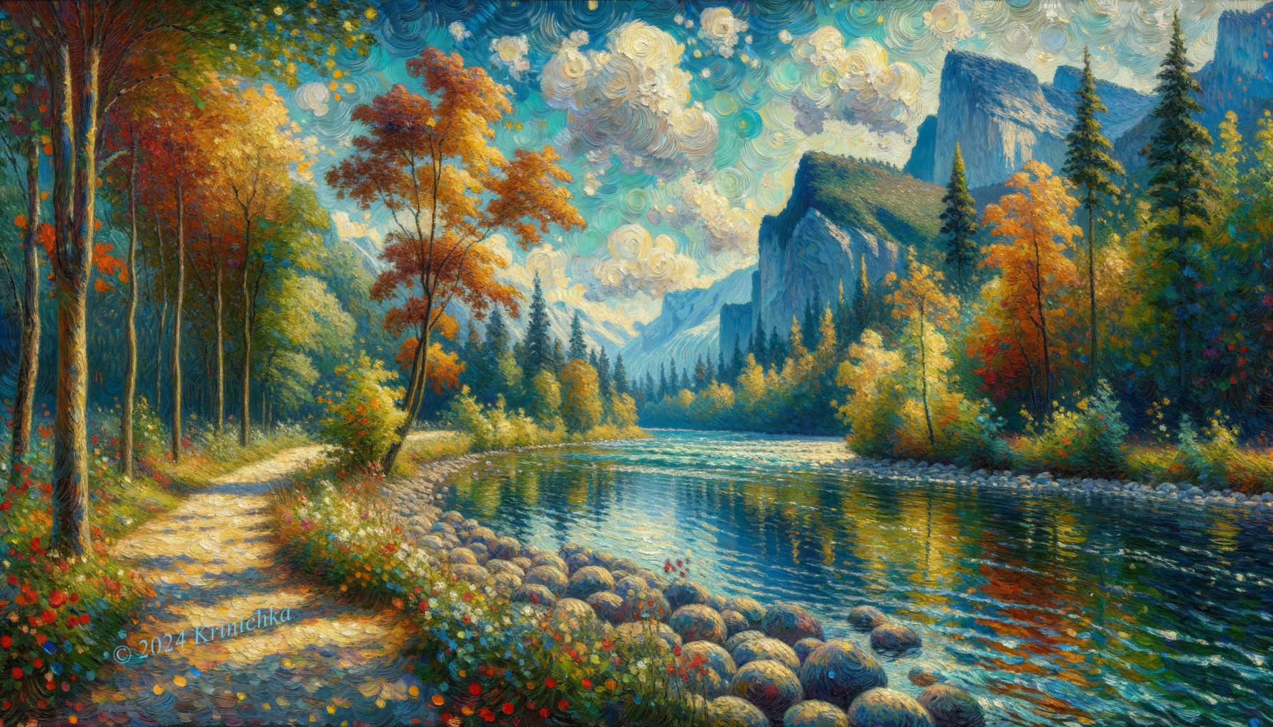 Serene River Through Autumn Trees and Mountains