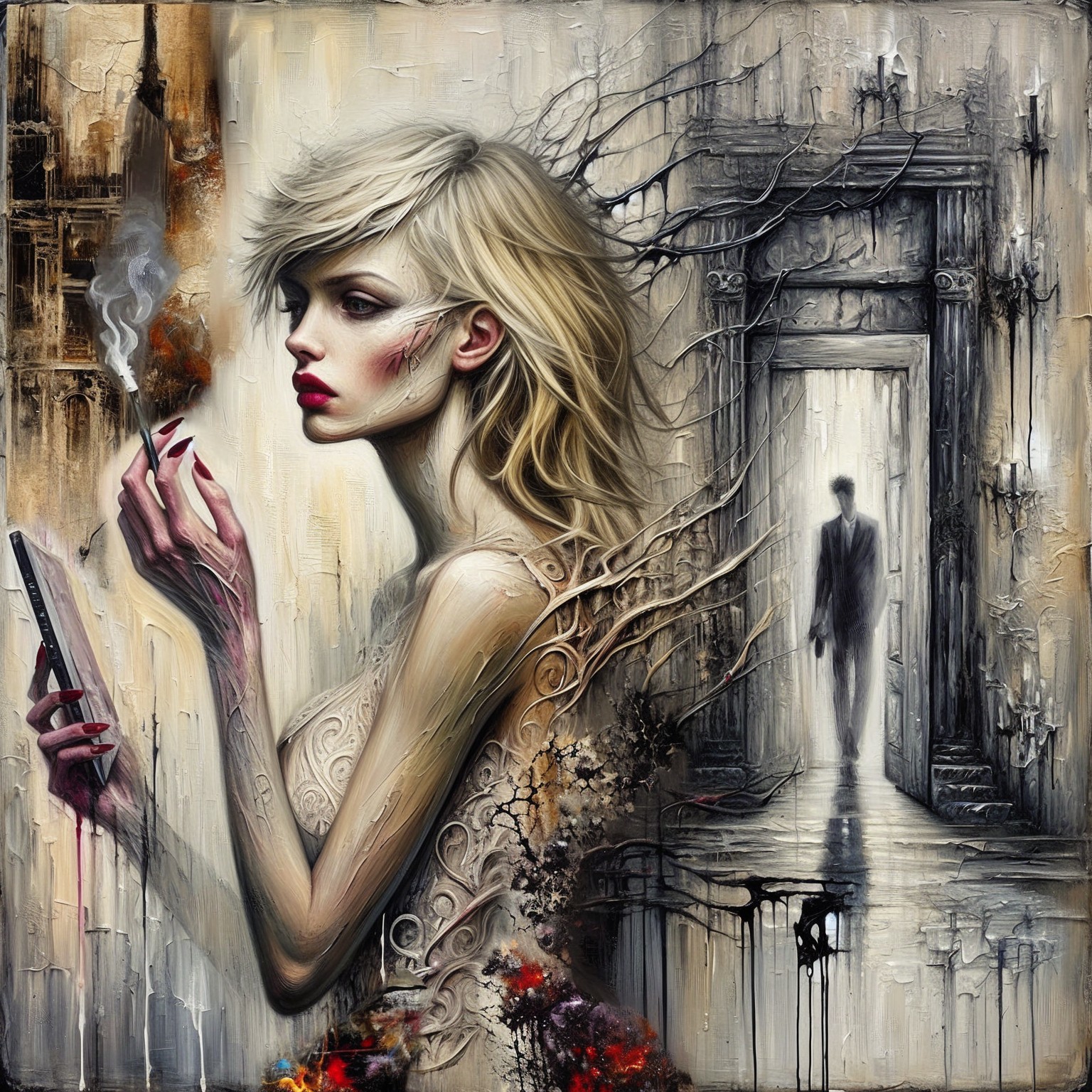 Striking Artwork of Woman with Blonde Hair and Cigarette
