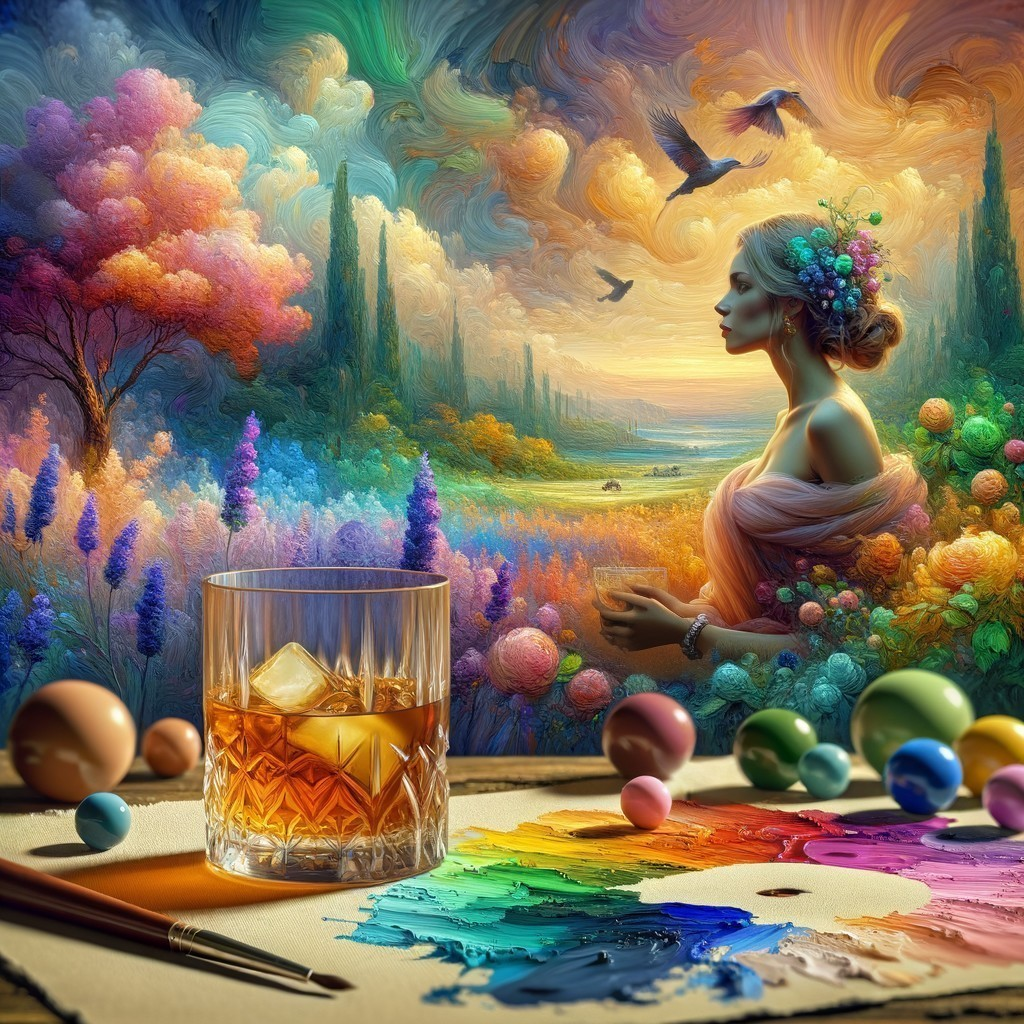 Colorful Fantasy Landscape with Woman, Trees, Birds, Glass, and Paint