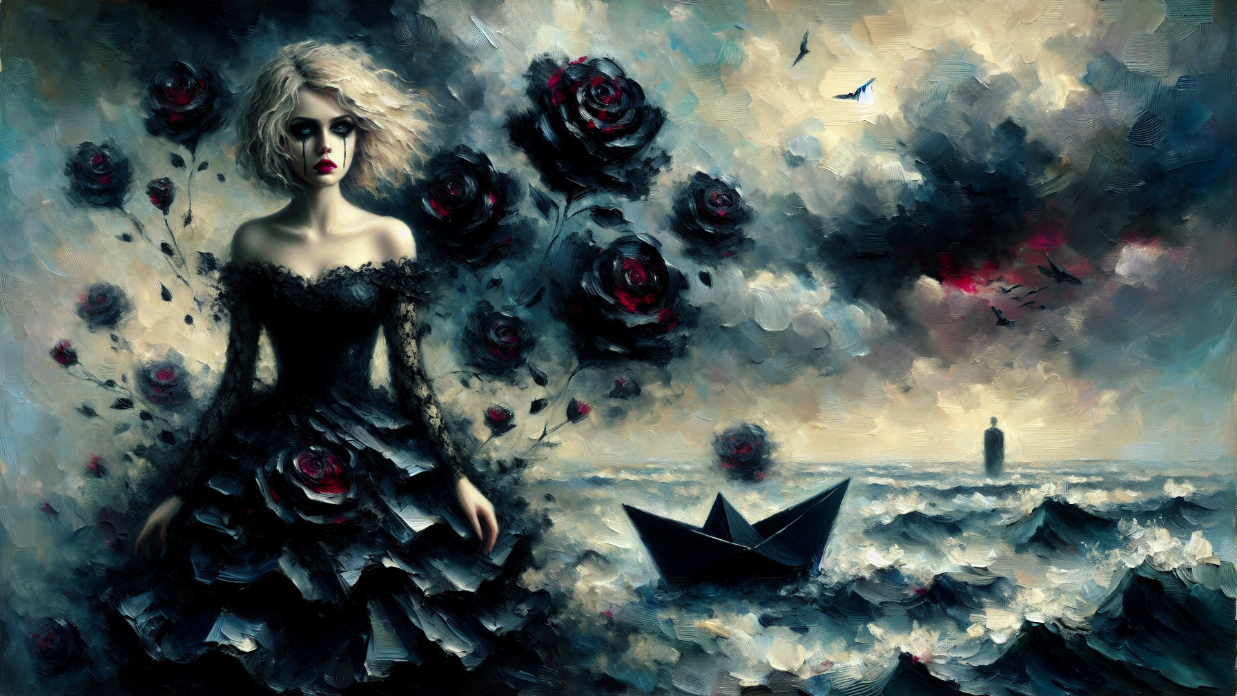 Surreal Artwork Featuring Mystical Figure and Roses