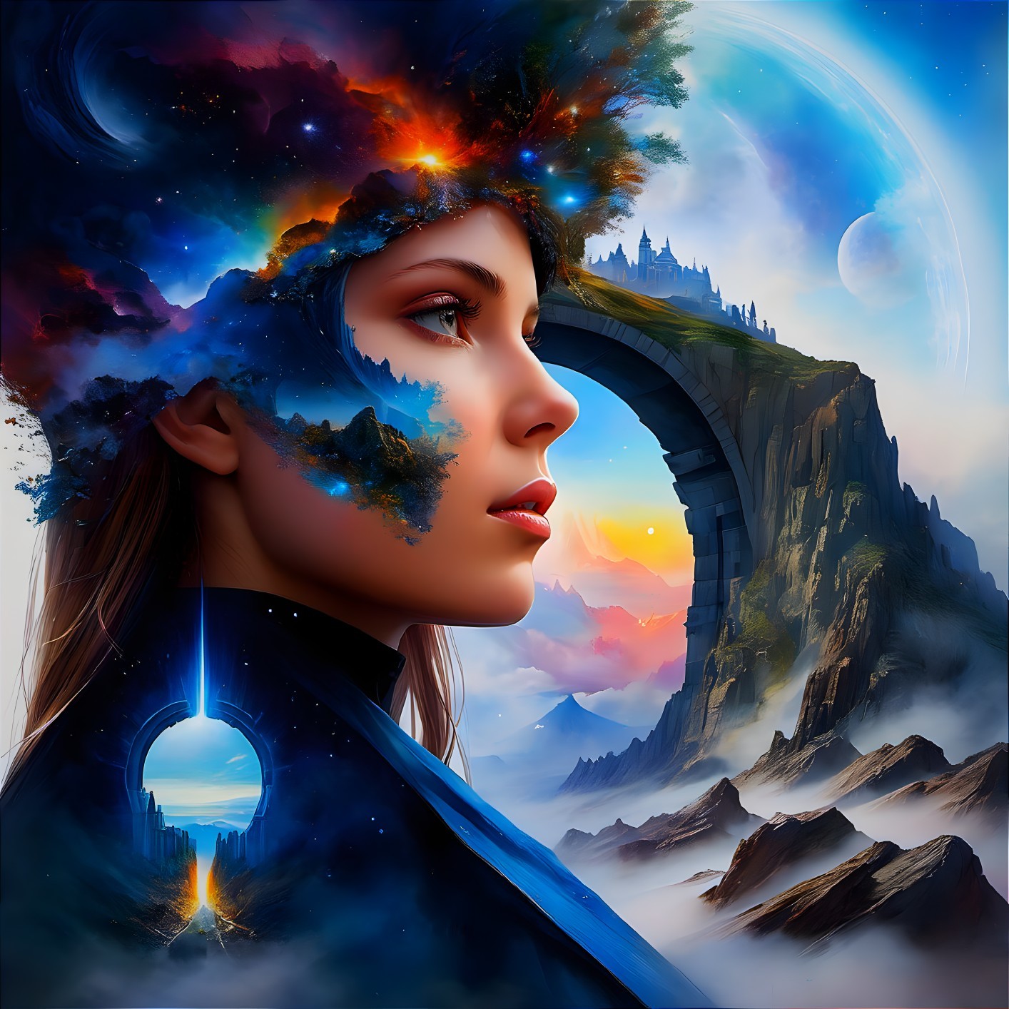 Surreal artwork: Woman with galaxy headdress and cosmic bridge.