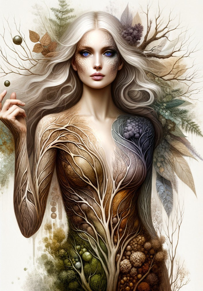 Pale-skinned woman with white hair adorned with tree and plant motifs