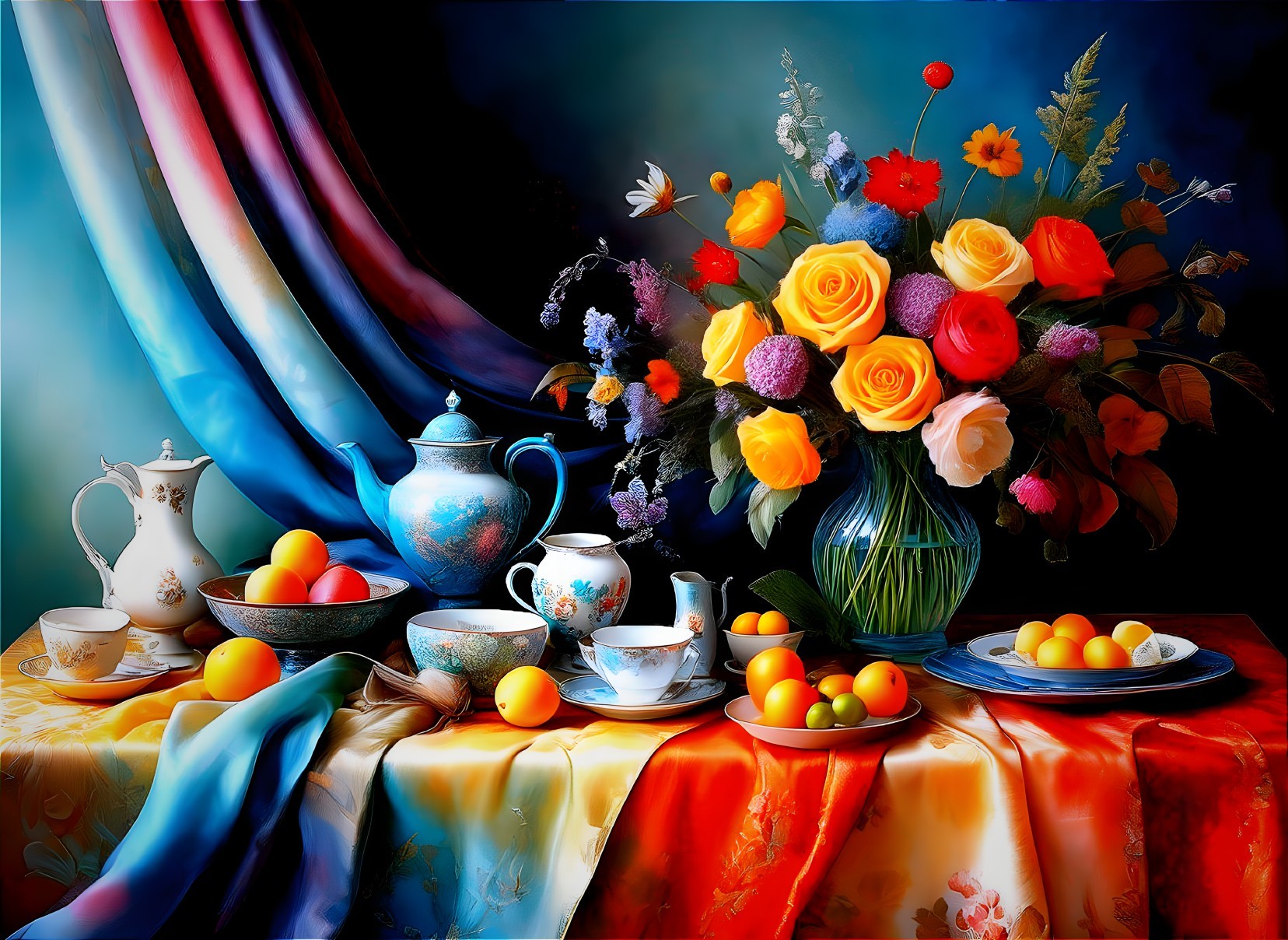 Colorful Flower Bouquet with Teapot Set, Fruits, and Satin Fabrics on Dark