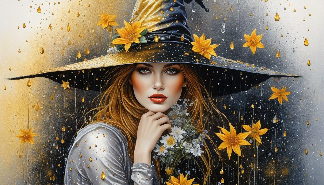 Digital art portrait of woman in witch's hat with autumn makeup and bouquet
