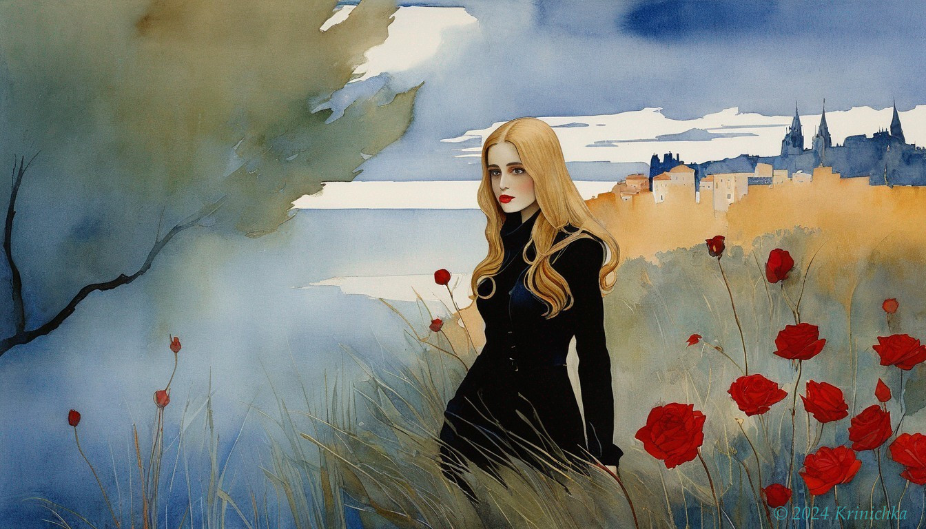 Blonde Woman in Black Among Red Poppies and Castle