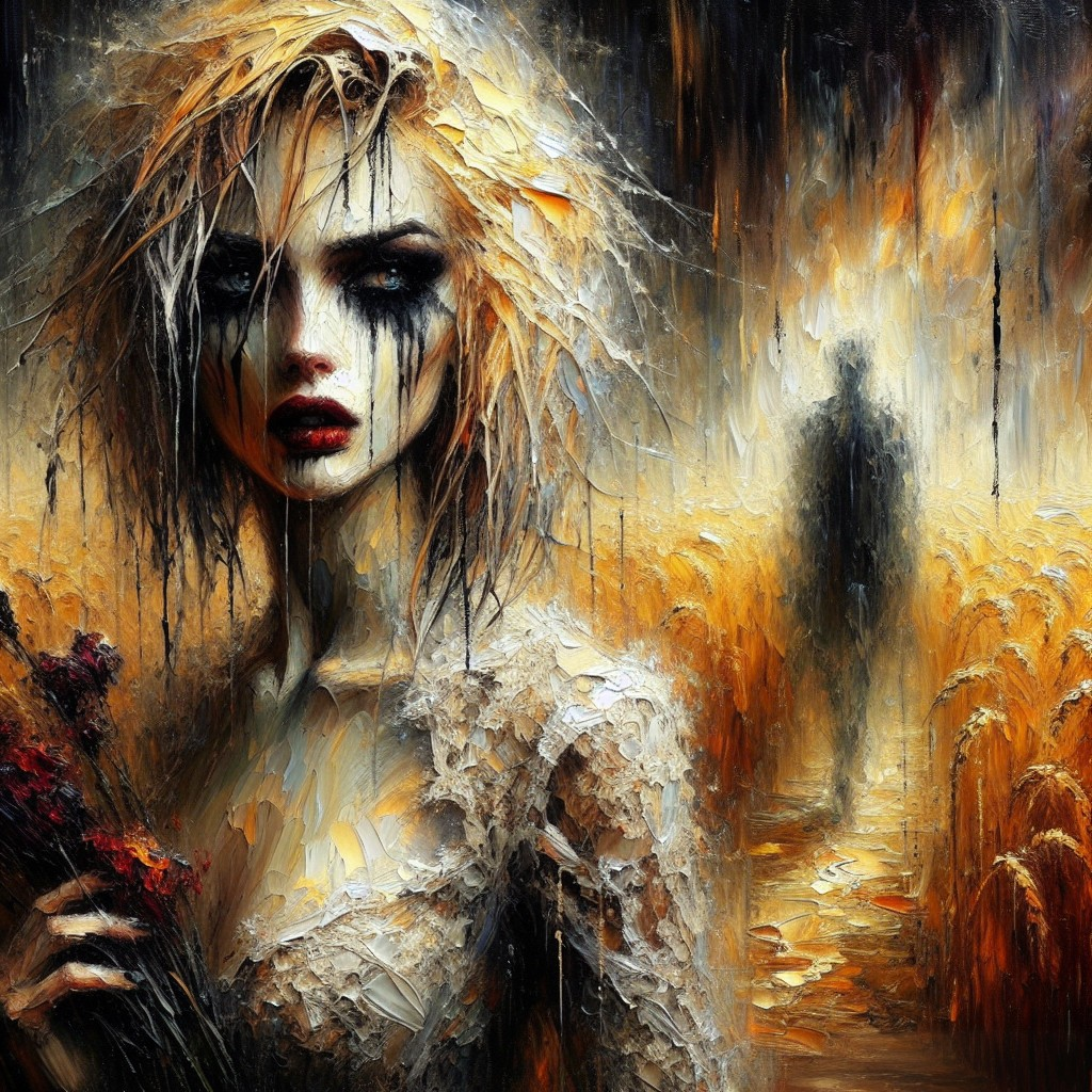 Ethereal Woman in Torn Lace Gown with Wilted Flowers