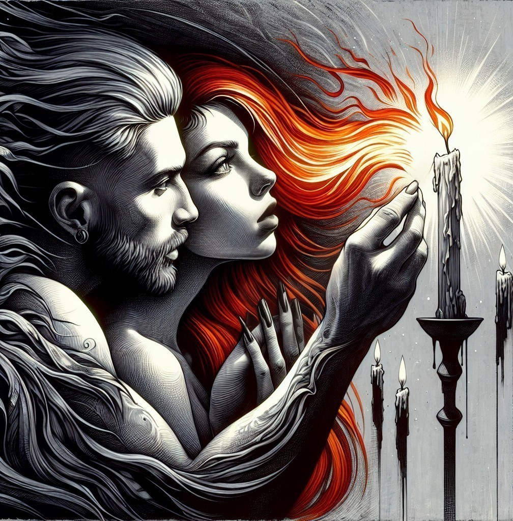 Dramatic Light and Shadow in Intimate Embrace Scene