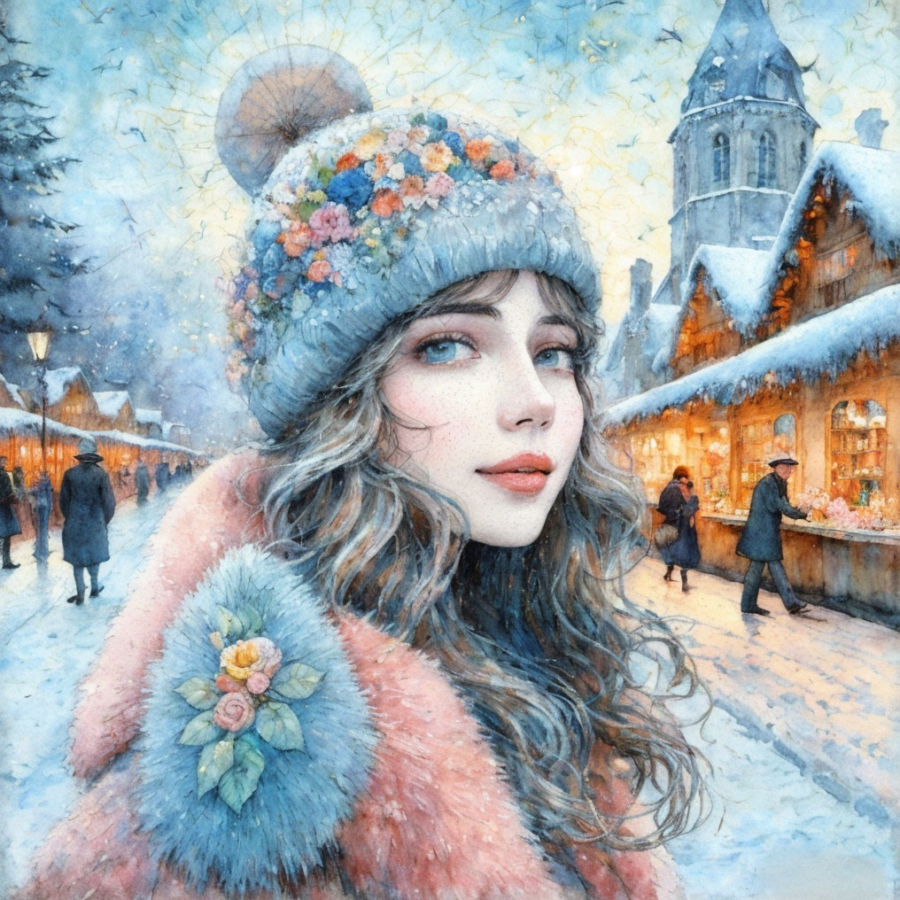 Portrait of a Woman in Floral Hat and Pink Coat in Snowy Vintage Street