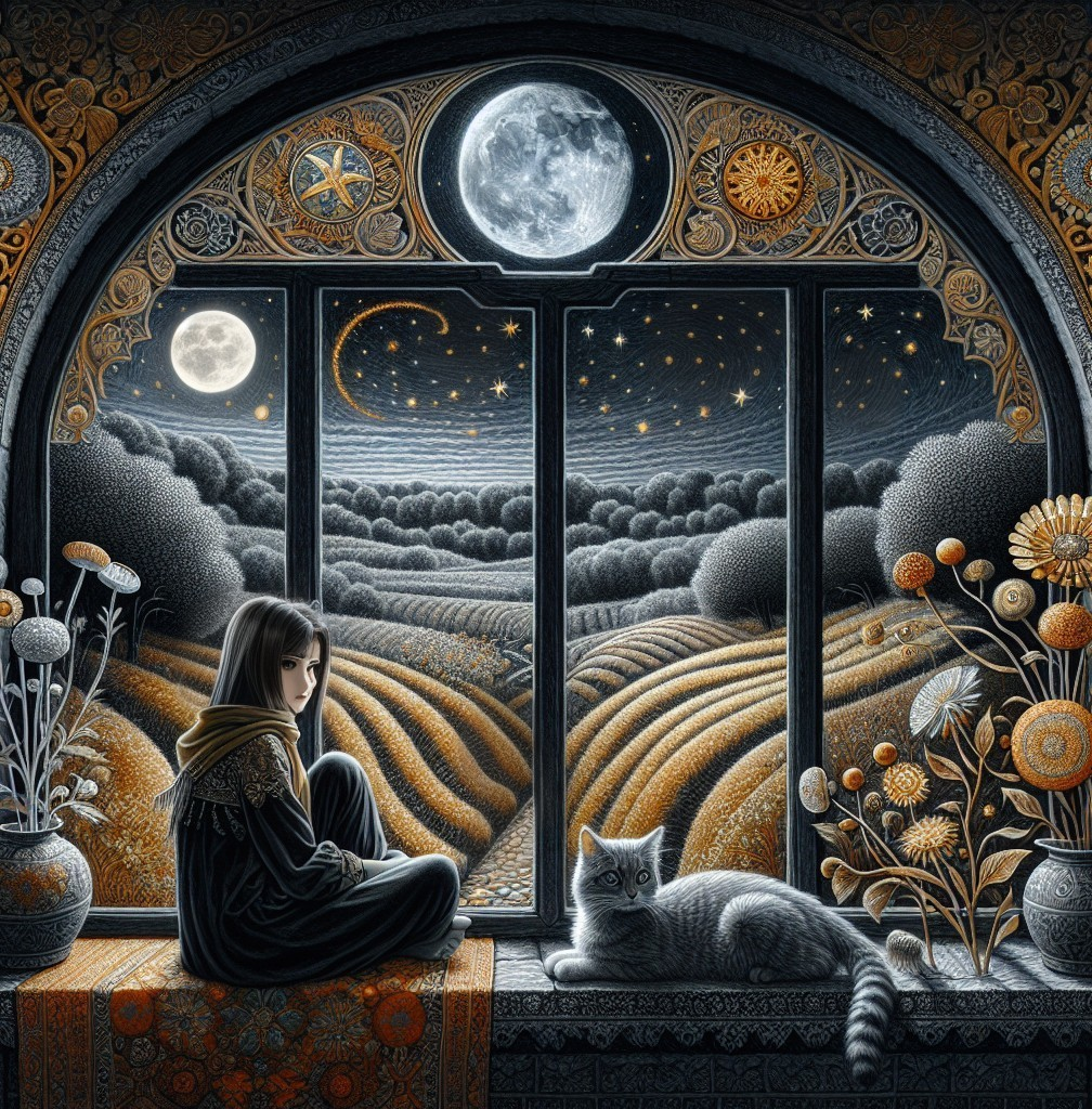 Girl by Window with Cat and Starry Night Landscape