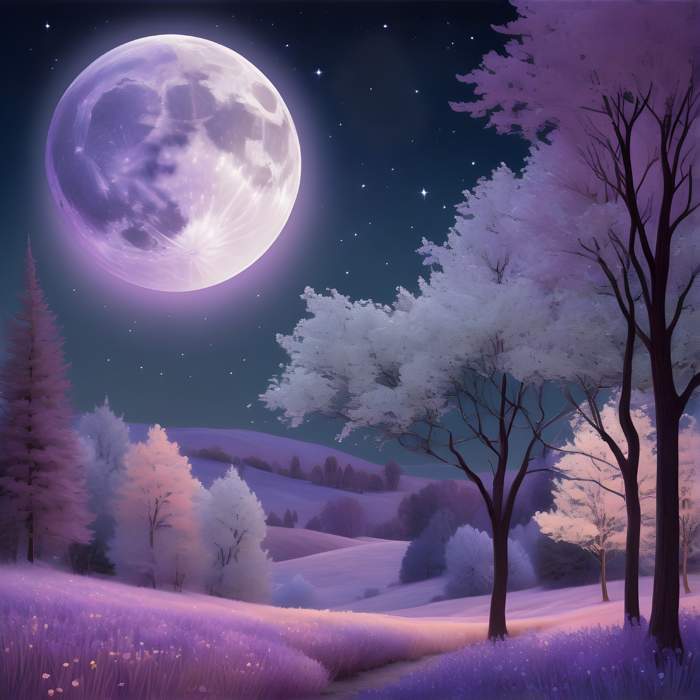 Detailed Moon and Starry Sky Over Purple Trees and Meadow