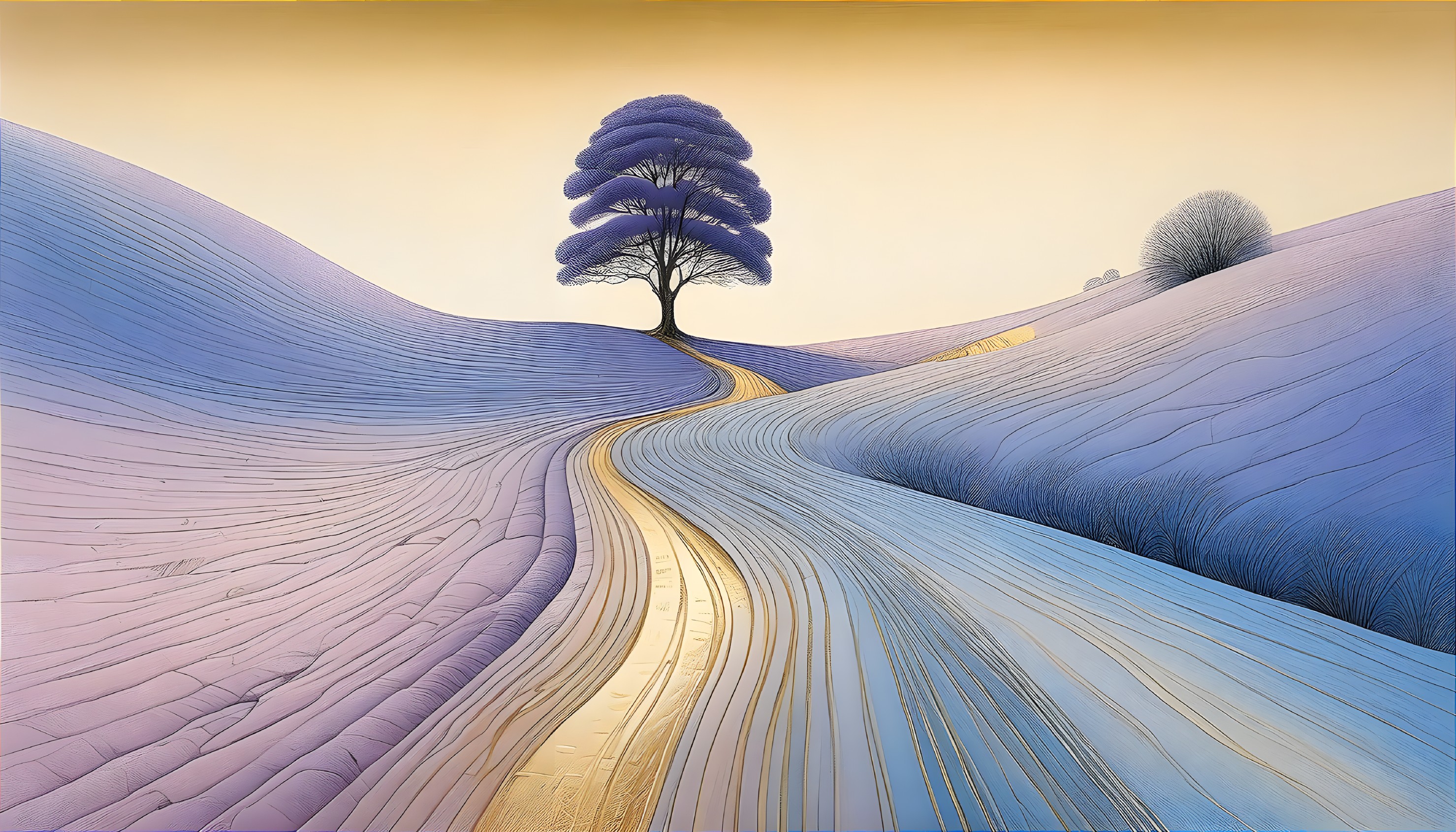 Vibrant blue tree in stylized landscape with lavender fields