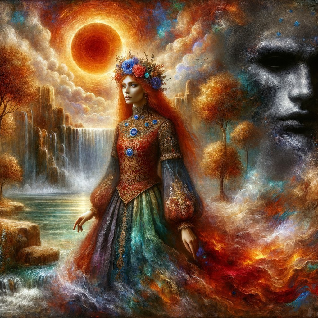 Surreal Landscape with Mystical Woman and Waterfall