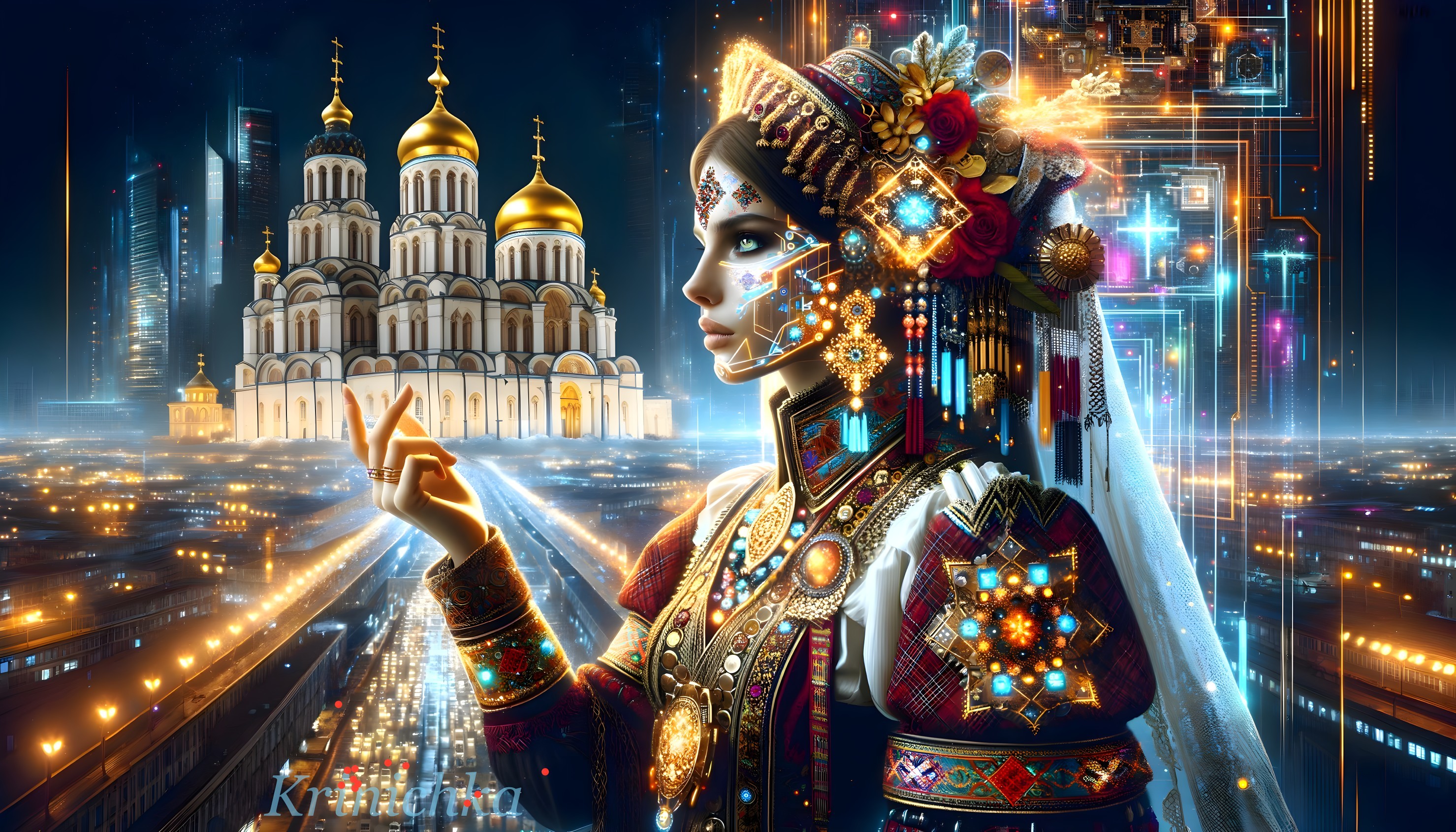 Futuristic cityscape with Russian architecture and cybernetic woman in ornate attire