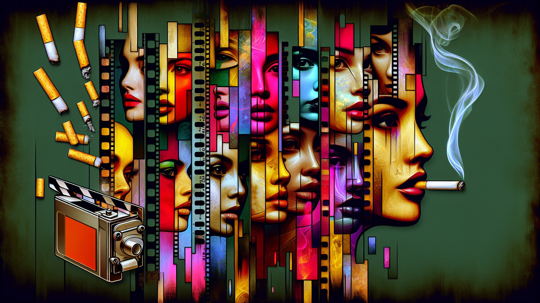 Vibrant Collage of Faces with Film and Cigarette Elements