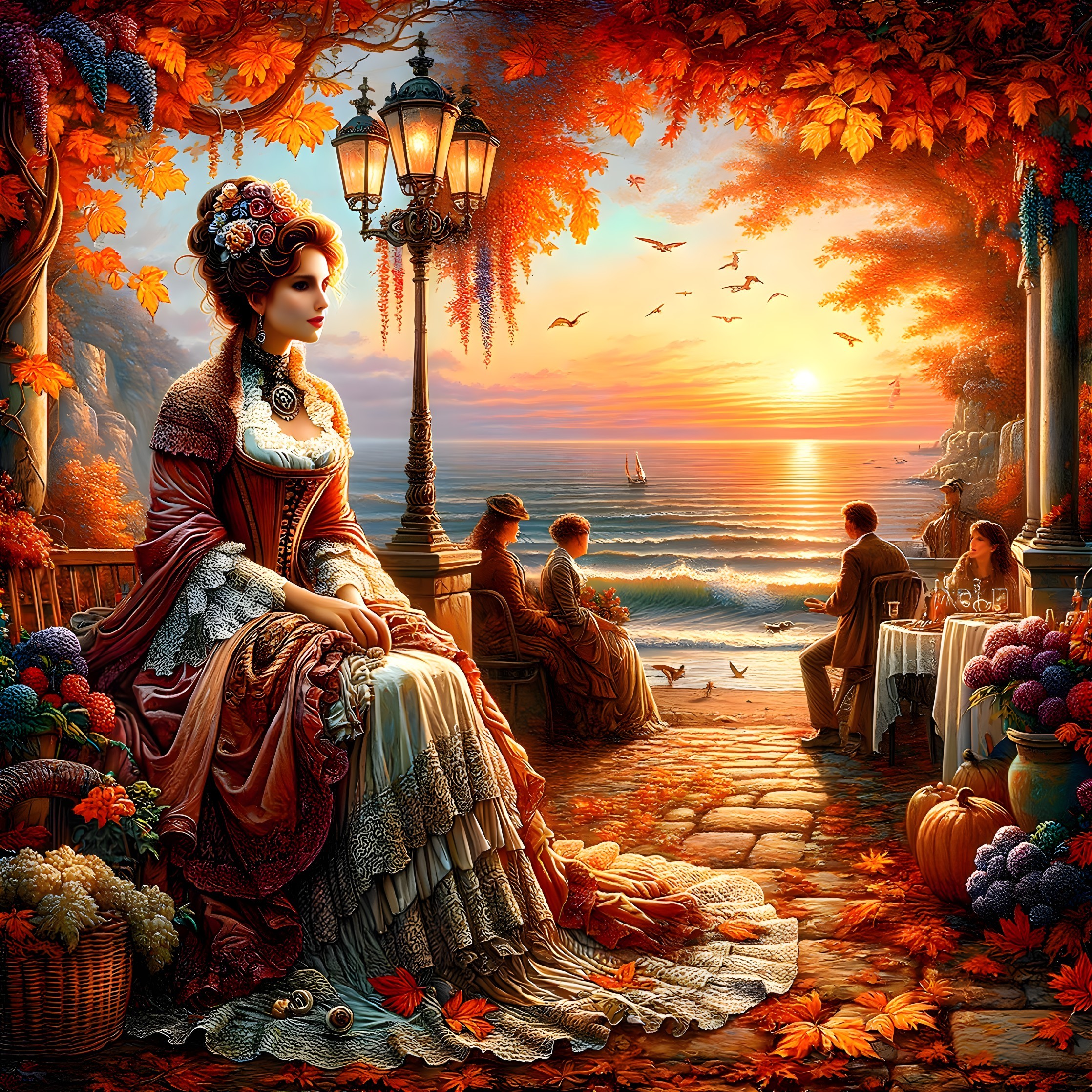 Victorian-era woman in elaborate dress by seaside promenade at sunset surrounded by people, autumn leaves,