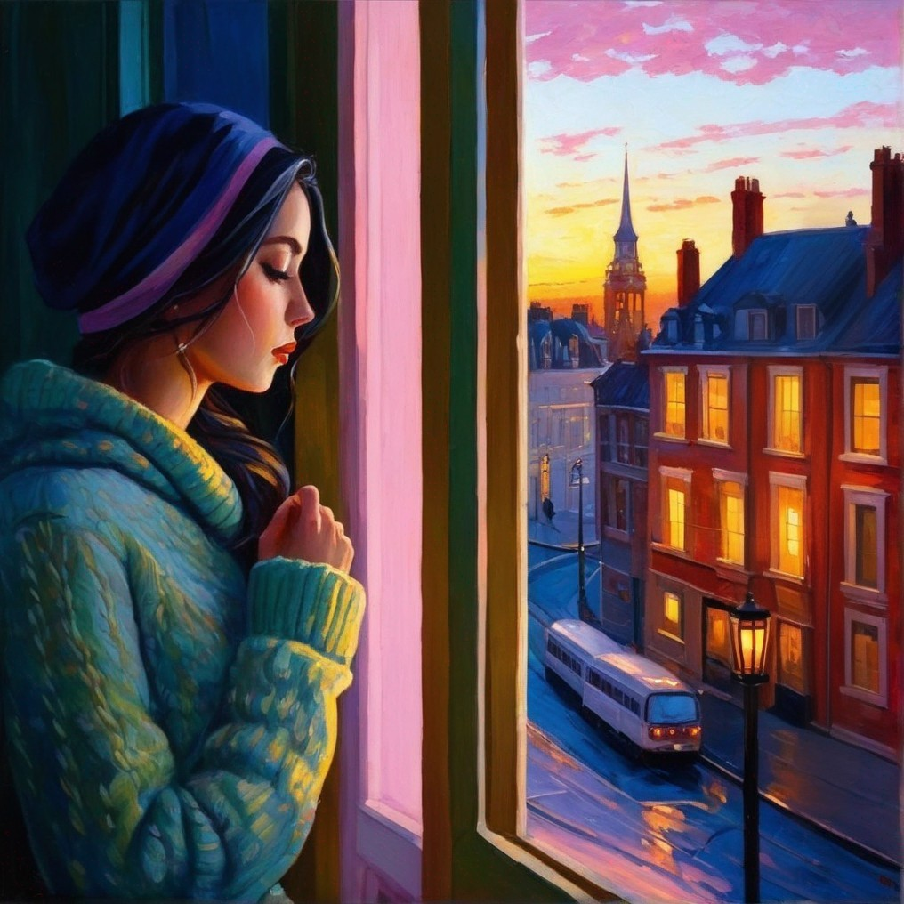 Woman admiring cityscape at sunset with warm lights and tram.