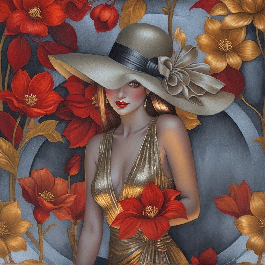 Elegant Woman in Gold Dress Surrounded by Red Flowers