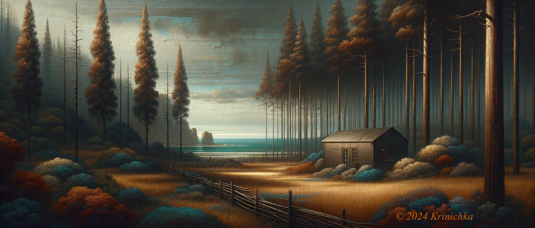 Tranquil Landscape with Cabin and Serene Coastline