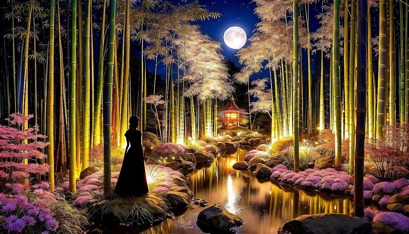 Serene Night Scene in a Bamboo Garden with Moonlight