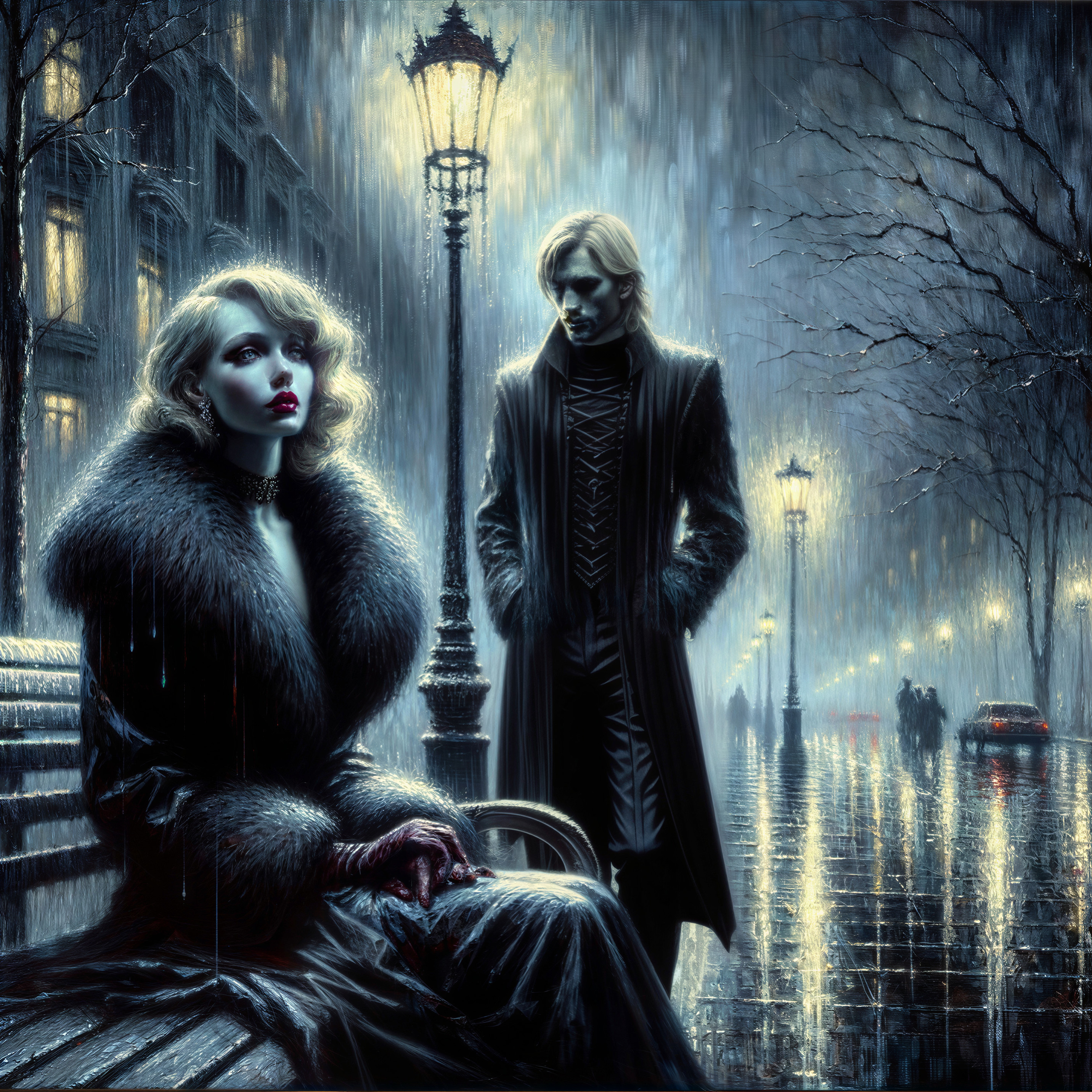 Vintage Glamour on a Rain-Soaked Street at Night
