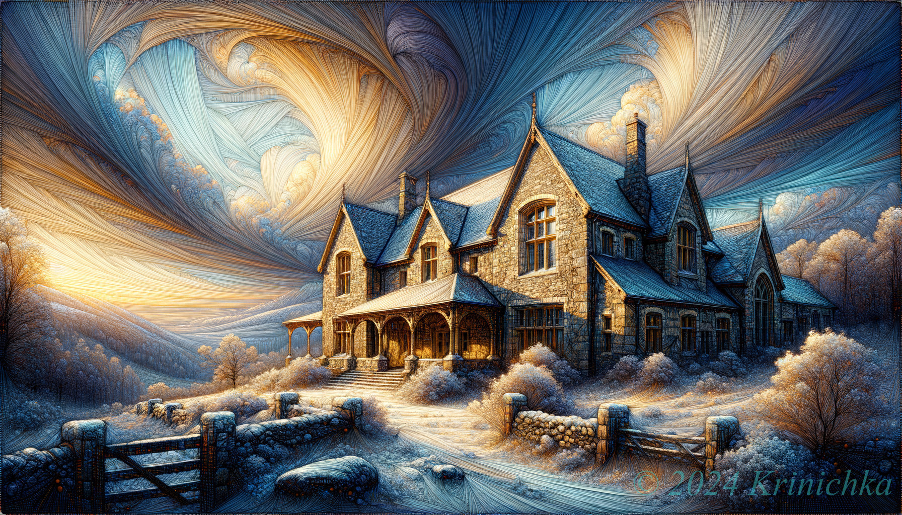 Winter Scene with Stone Cottage and Snowy Trees