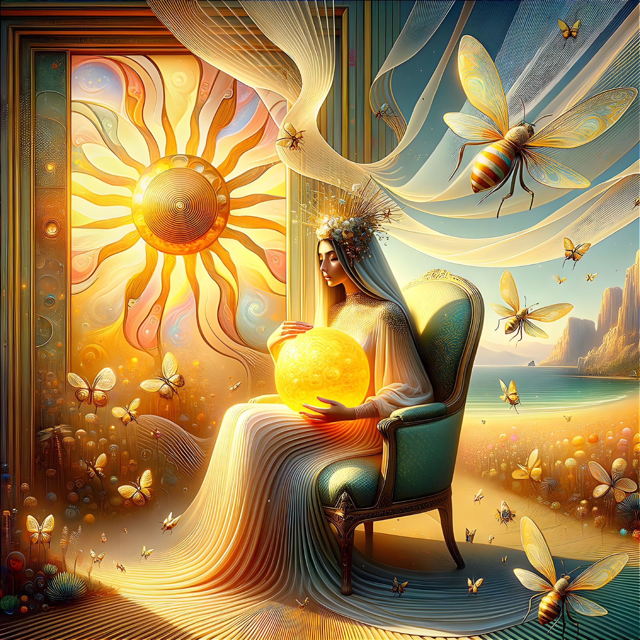 Woman holding glowing orb surrounded by bees in surreal landscape