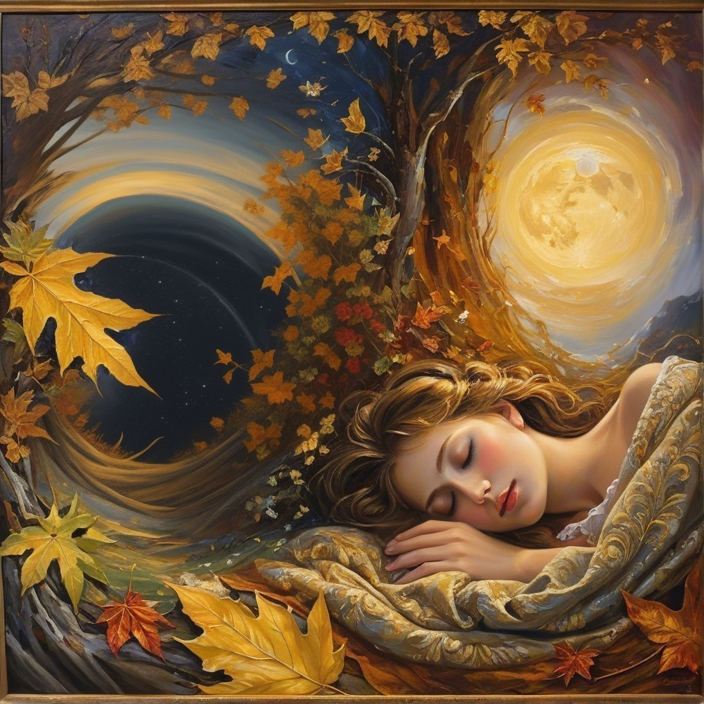 Serene Woman Sleeping Under Autumn Leaves and Moon