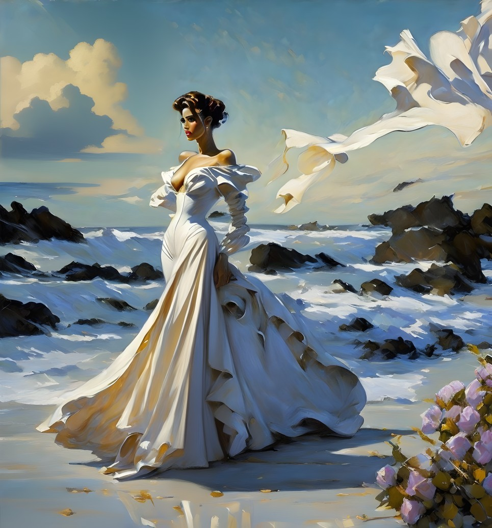 Elegant Figure in White Gown on Rocky Beach Scene