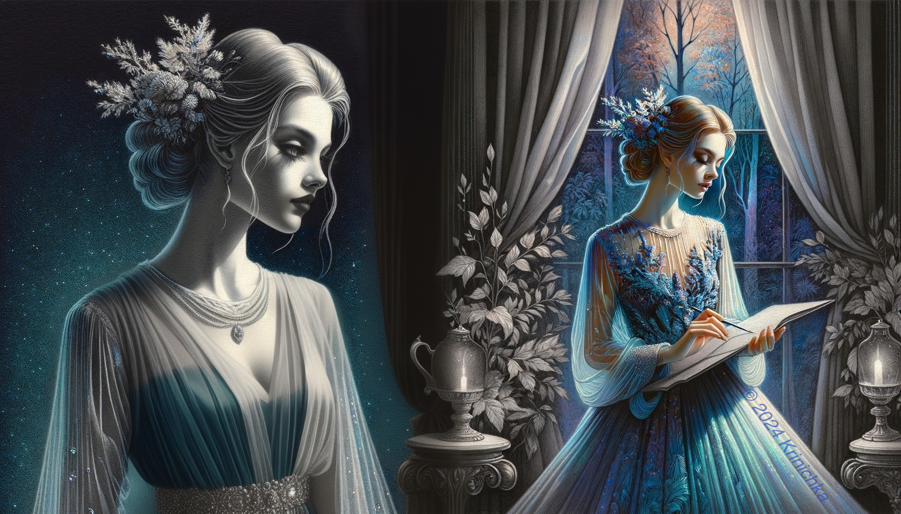 Elegant Woman in Gown with Floral Elements and Writing