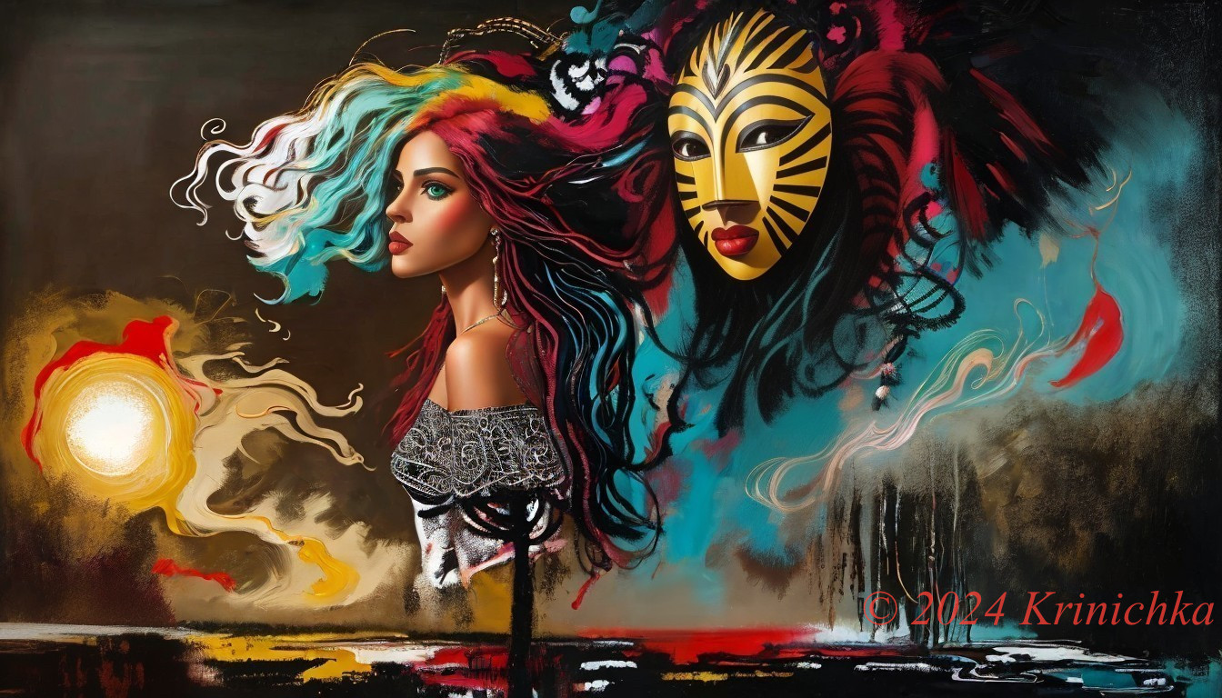 Vibrant Profile of a Woman with Ornate Mask and Colors