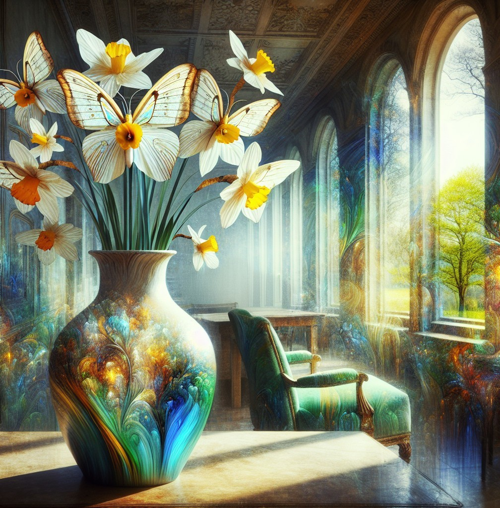 Vase with Flowers and Butterflies in Sunlit Room