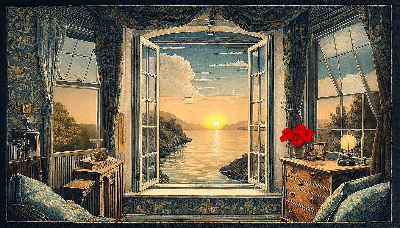 Cozy Room with Sunset View over Tranquil Lake